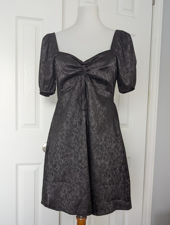 Altar'd State Dresses & Skirts - Altar'd State Black Floral Jacquard Puff Sleeve Mini Dress
